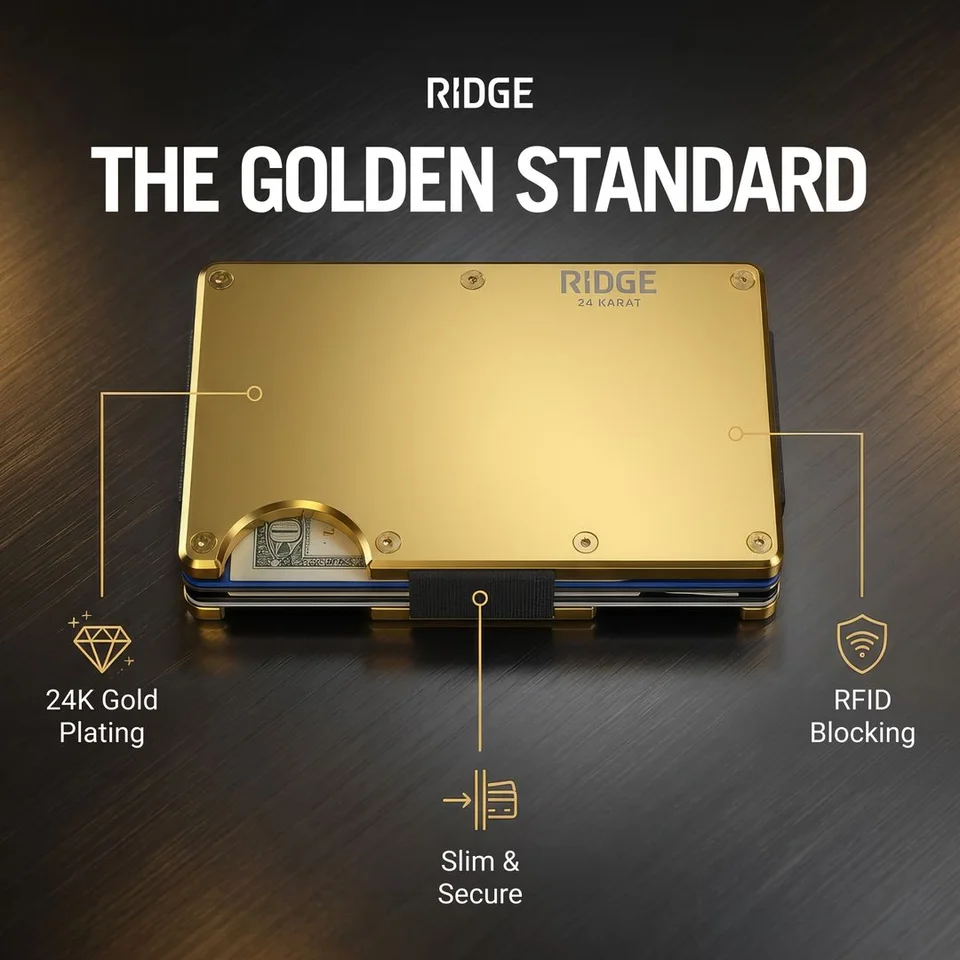 Ridge wallet ad includes feature text, callout lines, and a finished promotional layout